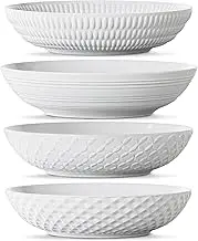 Maison Neuve Premium Porcelain White Dinner Bowls [Set of 4]- 34oz Dinnerware Kitchen Bowls for Soup, Noodle, Pasta, Salad, Cereal, Dessert- Durable Dishwasher-Safe 8.5” Serving Bowls- Textured White