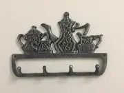 Silver Over Black Cast Iron Teapot, Sugar And Creamer Coat Hooks.184-0881