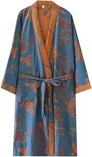 [PRINCESS BRIDE] Cotton Double Gauze Traditional Hanfu Midi-length Nightdress Printing Tie-belt Bathrobe Loose Pajamas Comfortable Nightgown Sweat Steaming Yukata Sauna Suit Sleepwear Kimono for Women Large(Blue Bird)