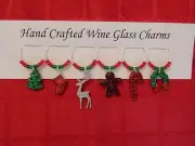 "CHRISTMAS GLITTER" SET OF 6 HAND CRAFTED Wine glass drink marker Charms