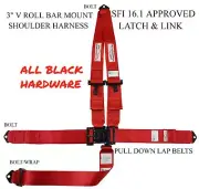 SFI 16.1 RED RACING HARNESS LATCH & LINK V ROLL BAR MOUNT BLACK HARDWARE
