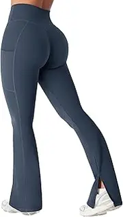 [VOYJOY] Women's High Waist Split Hem Legging Flare Yoga Pants Hidden Scrunch Leggings with Side Pockets