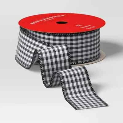 2" Gingham Pattern Fabric Christmas Ribbon Black/White 75ft - Wondershop