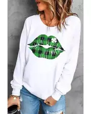 White Plaid Lip Clover Graphic Print Long Sleeve Sweatshirt - Sweatshirts &