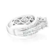 14ct White Gold 1.5 Carat Diamond Trilogy Ring with 3 Round Brilliant Cut Diamonds Surrounded by Diamond Halos and Channel Set Band, L