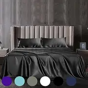 1000TC All Size Ultra Soft Art Silk Satin Sheet Set INCL- Flat Sheet | Fitted Sheet | Pillowcase (Black, Queen)