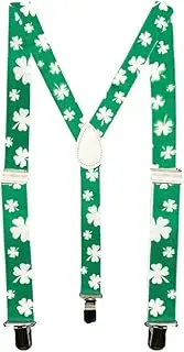 [St. Patrick's] Day Clover Print Suspenders - Adjustable Straight Metal Clip Accessory with Elastic Bands