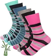 [OnlyBee] 6 Pairs of Ladies Womens Bamboo Non Binding Loose Elasticated Top Socks Bright Stripe UK size 4 to 8, Multicoloured Stripes, 4.5-9 US