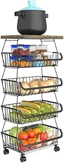 Baotkere 5 Tiers Shelf Metal Wire Baskets with Wheels, Kitchen Organizer, Stackable Storage Bins, Fruit and Vegetable Cart, Bathroom Tableware Rack