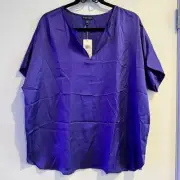 New Eileen Fisher Silk Boxy Shirt Top Purple Tunic Pull Over Short Sleeve Sz M