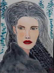 Winter Woman – 16x12 Original Painting, Naive Folk Art, Outsider Portrait Love