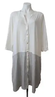LOGO by Lori Goldstein Cotton Slub Cardigan with Woven Panel Whte Stripe 2X