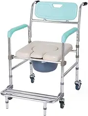Bathroom 3 in 1 Bedside Commode Chair for Toilet w/Locking Wheels Lightweight Shower Commode Wheelchair Height and Pedal Adjustable Rolling Transport Chair for Elderly Home Use
