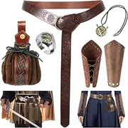 Medieval Clothing for Men and Women, 6 Pieces Medieval Clothing Costume Set, Medieval Belt, Leather Bag, Bracers, Necklace, Silver Ring, Viking Jewellery, Vintage, Renaissance, Decoration, Halloween,