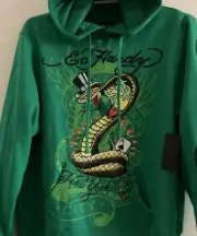 ED HARDY SNAKE TATOO ART GREEN GRAPHIC FLEECE SWEATSHIRT HOODIE L NWT