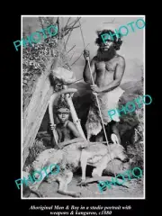 OLD LARGE HISTORIC PHOTO OF ABORIGINAL MAN & BOY WITH BOOMERANG & KANGAROO 1900