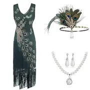 Retro Vintage Roaring 20s 1920s Flapper Dress Outfits Accessories Set The Great Gatsby Wedding Guest Sequins Tassel Fringe Sequin Tassel V Neck Women's Hallowe