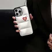 Down Jacket Puffer Case for iPhone 15 16 14 Plus 13 12 11 Max Soft Fabric Silicone Cover Bilayer,White Red,for iPhone 16 Plus