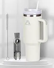Insulated Water Bottle, Insulated Tumbler with Handle and Straw, Double Walled Coffee Cup, Stainless Steel Water Bottle, Insulated Flask, Large Travel Mug (Light Cream, 40oz)