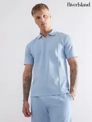 River Island Blue Slim Fit Pintuck Open Collar T-Shirt (W49196) | $42