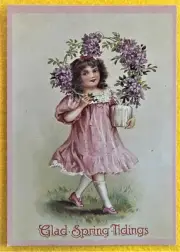 "Glad Spring Tidings" Little Girl: 4 1/8" x 5 7/8" Postcard SHIPS FREE & INSURED