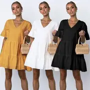 Short-Sleeve Loose-Fit Mini Tiered Dress White - S