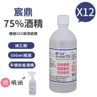 在飛比找momo購物網優惠-【宸鼎】75%防疫清潔用酒精12瓶組(500ml/瓶+酒精噴