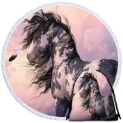Sunset Clouds behind Black and White Pinto Horse Round Beach Towel