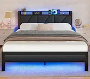 Furnulem Queen Size Bed Frame with Headboard and LED Lights, Upholstered Bedframe with Charging Station and USB Port, Platform Metal Bed Frames, No Box Spring Needed, Noise Free