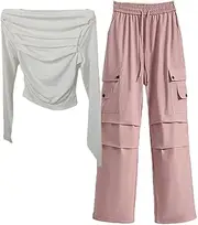 [Generic] Women Streetwear Tracksuits Sexy Slash Neck Slim Shirts+High Waist Cargo Pants Sets