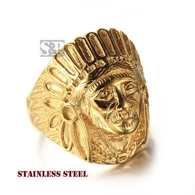 MENS ICED STAINLESS STEEL NATIVE AMERICAN APACHE INDIAN CHIEF FACE BLING RING
