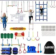 2x65 Ft Ninja Obstacle Course Kit for Kids with Slackline and 12 Fun Accessories Including Climbing Net, Rope Ladder, Monkey Bars, Ninja Obstacle Course for Kids Ages 3+ with 440lbs Weight Capacity