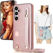Ysnzaq Case for Samsung Galaxy S24 Plus with Strap, PU Leather Wallet Women Girls Shockproof Protective Case with Card Slots Mobile Phone Chain Case for Samsung Galaxy S24 Plus / S24+. ZY Rose Gold