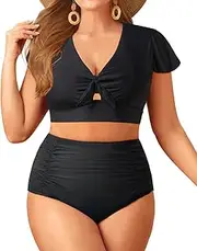 [Yonique] Womens Two Piece Plus Size Bikini Set High Waisted Swimsuits Tummy Control Bathing Suits Short Sleeve Swimwear