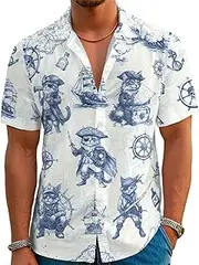 [THE PIRATE KING] Funny Pirate Hawaiian Shirt Men's Aloha Shirt Summer Beach Vacation Short Sleeve Casual Button Down Shirt