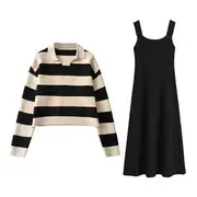 Maternity Collar Striped Oversized Sweater / Sleeveless Scoop Neck Plain Knit Midi A-Line Dress Dress - Black - L