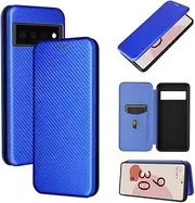[TiHen] Compatible for Case Google Pixel 6, Flip Carbon Fiber [Drop Tested] Shockproof Stand Anti Fingerprints Cover with Card Slot+Tempered Glass Screen Protector*2-Blue