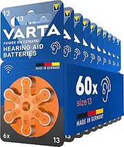 Varta Power on Demand Hearing Aid Batteries Type 13 Orange, Batteries Pack of 60, Wireless Approved, Size p13 for Hearing Aids and Hearing Aids, High Hearing Level, Mercury-Free, Made in Germany