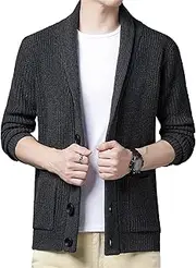 [Qolkmuiy-GJ] Men's Casual Slim Thick Knitted Sweater Shawl Collar Cardigan Pockets Button up Wool Open Sweater