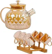 Glass Pitcher Set 1L(34 oz) with 6 Cups & 1 Tray, Modern Water Pitcher with Handle, Durable Glass Jug for Fridge, Glass Carafe for Iced Tea/Juice/Beverage/Coffee/Drinks, Amber Color Diamond