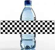 Hollowfly 25 Pcs Race Car Water Bottle Labels, Checkered Paper Wrappers Waterproof Labels, White and Black Race Car Favor Stickers for 80's 90's Party Truck Birthday Party Decor (8" X 2")