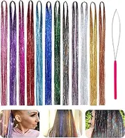 12 Colors Colorful Straight Hair Extensions with Hair Extension Loop Needle 36 Inch Hair Tinsel Strands Kit 1440 Strands Hair Tinsel Colored for Party Holographic Hair Accessories Cosplay