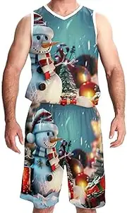 [KQNZT] Basketball Jersey and Shorts, Jersey Shorts Outfit Set, Men's Athletic Basketball Jersey, Christmas Snowman Santa Claus