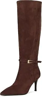 [COMJUY] Knee High Boots Women Stiletto High Heel 3.3in, Side Zipper Pointed Toe Metal Buckle Tall Boots Dress Boots for Women, Comfortable Faux Leather Below the Knee Long Boots