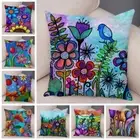 Children Oil Painting Art Cushion Cover Pillow Case Decor Cartoon Plant Throw