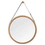 Aodai Hanging Round Wall Mirror in Bathroom & Bedroom - Solid Bamboo Frame & Adjustable Leather Strap (Bamboo, 15")