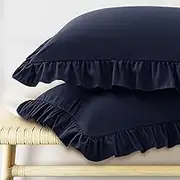 KKJIAF Ruffle Pillow Cases Standard Size Set of 2, Ruffled Pillow Covers with Envelope Closure, Wrinkle Resistant Ruffled Pillow Shams 20" x 26", Navy Blue