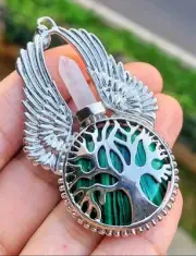 Genuine Green Malachite & Clear Quartz Angel Winged Tree Of Life Magic Pendant
