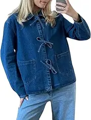 Xaspee Women's Tie Front Denim Jacket Long Sleeve Loose Casual Y2K Fall Oversize Jean Shacket with Pockets