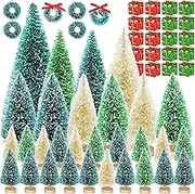 Iceyyyy 56 Pcs Artificial Mini Christmas Trees Set - Miniature Sisal Frosted Christmas Trees Bottle Brush Trees for DIY Crafts Home Table Top Decor